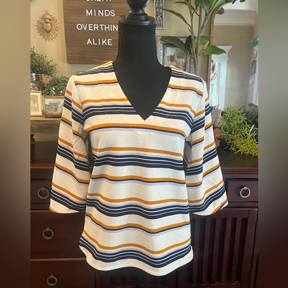 Ann Taylor Factory Navy and Mustard Striped V-Neck Blouse